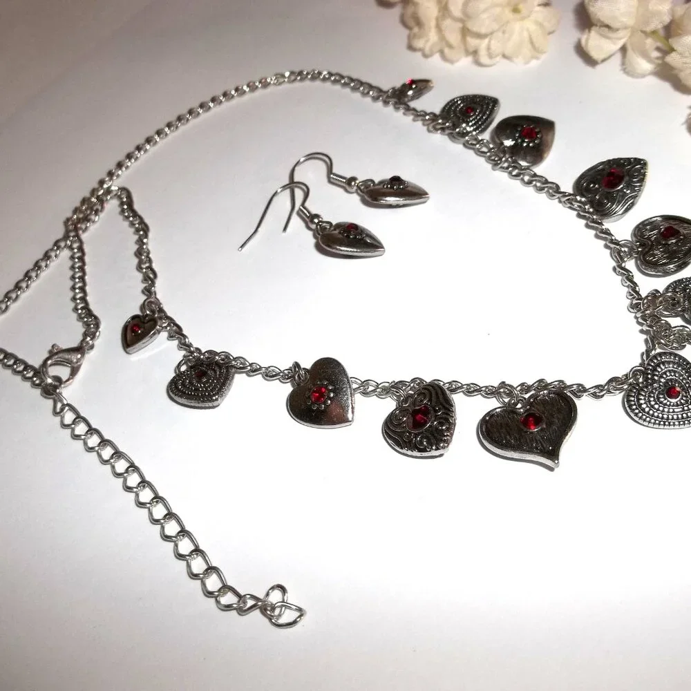 Short Heart Necklace & Earring Ruby Red Rhinestone Silver Costume Jewelry C737 - Picture 3 of 5